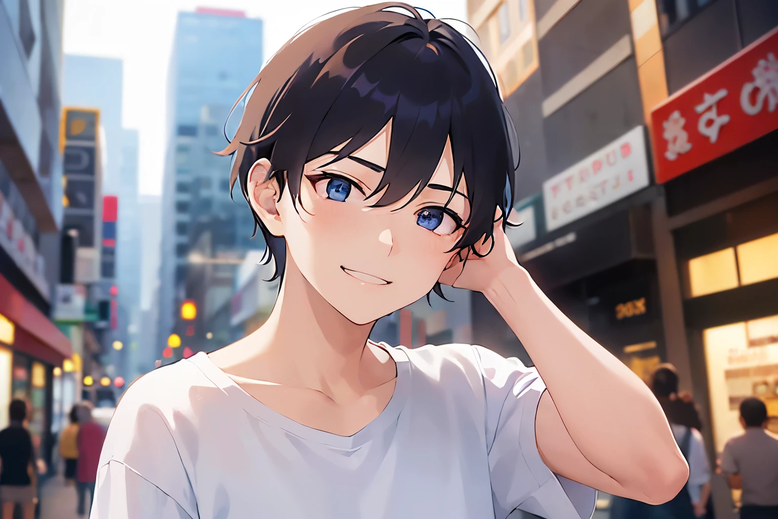 (hand on own head:1.3), upper body、shiny skin, masterpiece、Highest quality、(25-year-old male:1.5) and (Black short hair) and (blue eyes), White T-shirt、Are standing、open mouth, (sad smile:1.5)、The background is a shopping street、alone