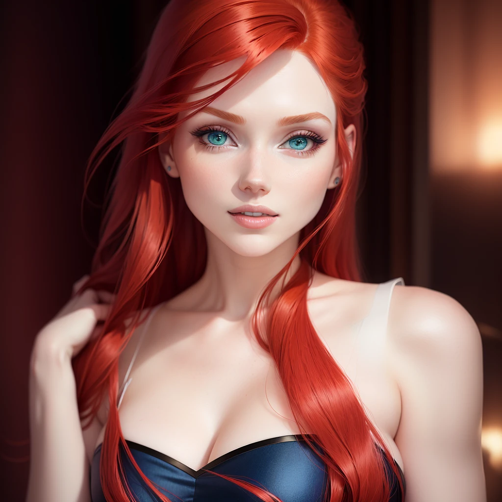 Noir painting of one sexy redhead goddess in blue lingerie posing for a picture, looking at viewer, wanting a kiss, amouranth, better known as amouranth, Jessica Rabbit cosplay, red haired goddess, young beautiful amouranth, redhead girl, beautiful redhead woman, sexy girl, mesmerizing blue eyes, amouranth as a super villain, redhead, pale skin, real, high detail, best quality