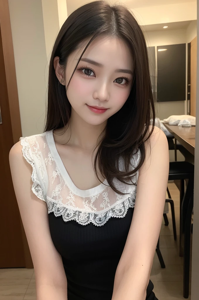 On the table、best quality、Photorealism、Finely、high resolution、８wallpaper、Perfect dynamic posture、Beautiful slender eyes and long hair、（Big breasts 1.2）、casual sexy pose、Random situations、Selfie Angle，Looking at the camera，（Tight round neck black mesh lace shirt）、、Gentle smile、50 years old、（Perfect Eyes 1.3）、Mature adult beauties、Japanese、