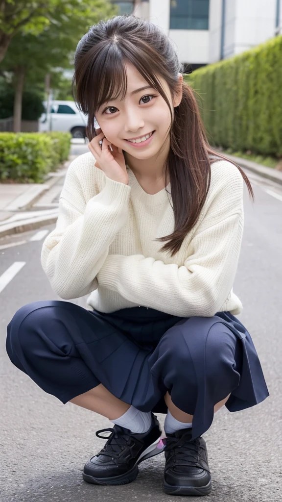 Reality，photo shoot、1 person: Satomi Ishihara、、smile、
cute、Hair Up Squatting、Spread your legs、
The real face in front、skirt