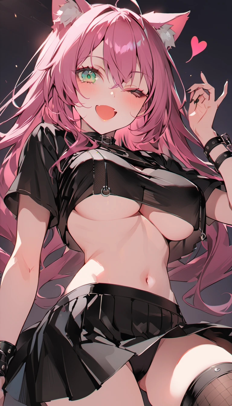 cat-girl in bondage outfit | anime | anime porn | r34, 1girl, breasts, one eye closed, solo, long hair, smile, crop top, navel, skirt, pink hair, ;d, animal ears, green eyes, thighhighs, looking at viewer, stomach, underboob, animal ear fluff, open mouth, short sleeves, black skirt, heart, large breasts, hand up, midriff, cowboy shot, very long hair, miniskirt, highleg