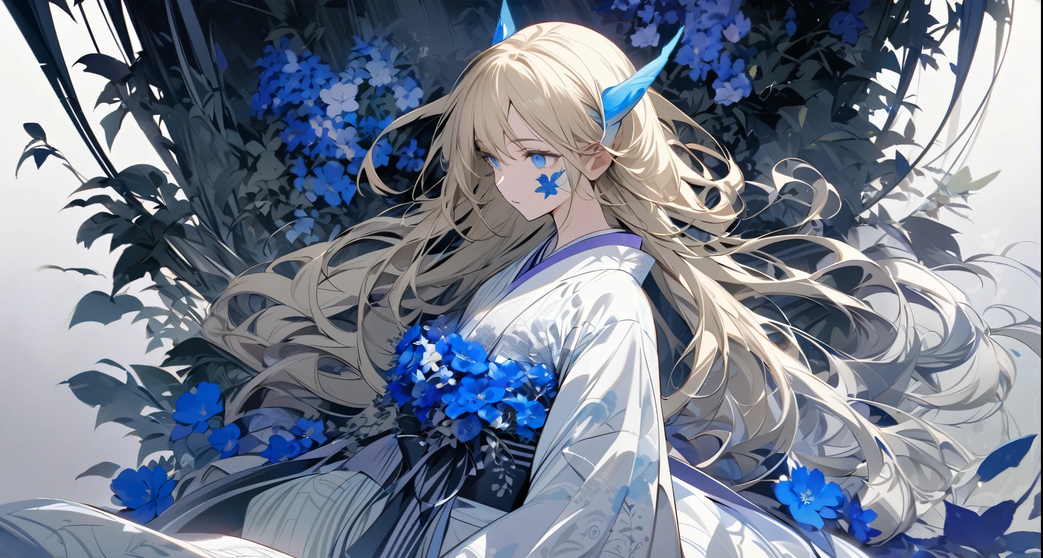 “The central figure is a young girl with long blond hair and blue eyes. The color palette is dominated by cool shades of blue and purple. The girl is surrounded by blue flowers and leaves, which harmoniously match her appearance. She is dressed in a traditional kimono with patterns that echo the colors around her, with shades of blue and purple. The background is subtle and abstract, with blues and grays, which helps. highlight the central figure. Subtle, flowing lines in the background create a sense of movement and depth. The overall impression of the composition is lightness, airiness and harmony. The central figure stands out against the background with the contrast of light and dark. tones, and flowers and plants add vitality and natural beauty.”