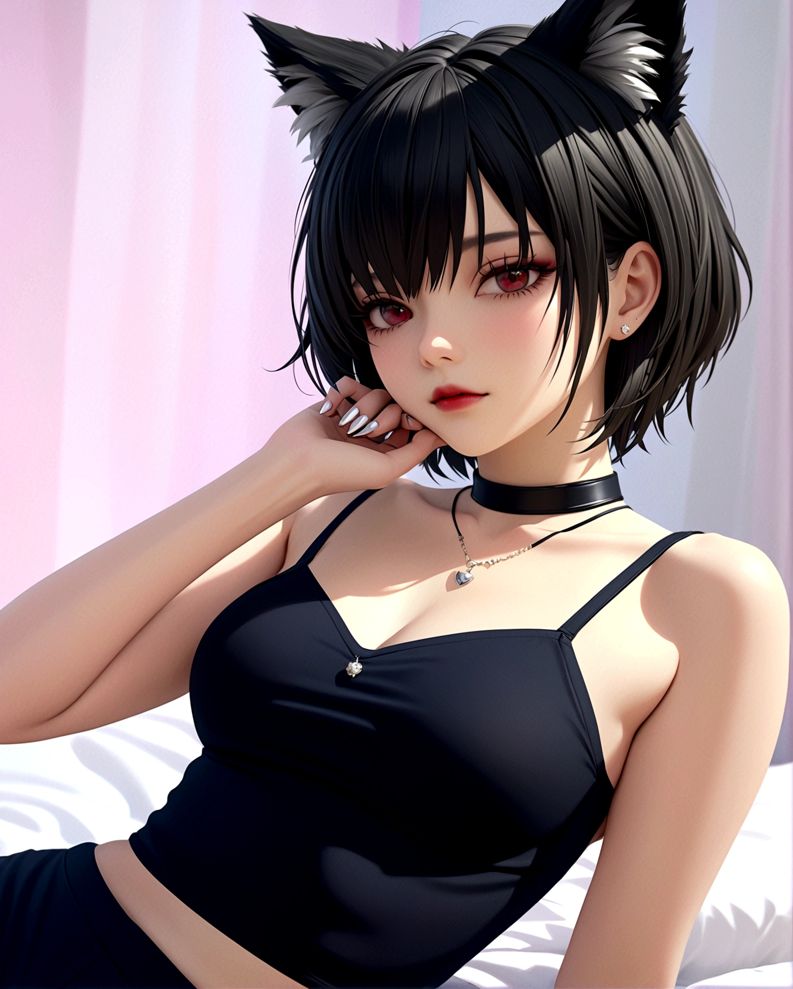 realistic, 1girl,black short hair, red eyes, glowing eyes, crop top, skirt, parted lips, blush, night,sexy,lie down on bed