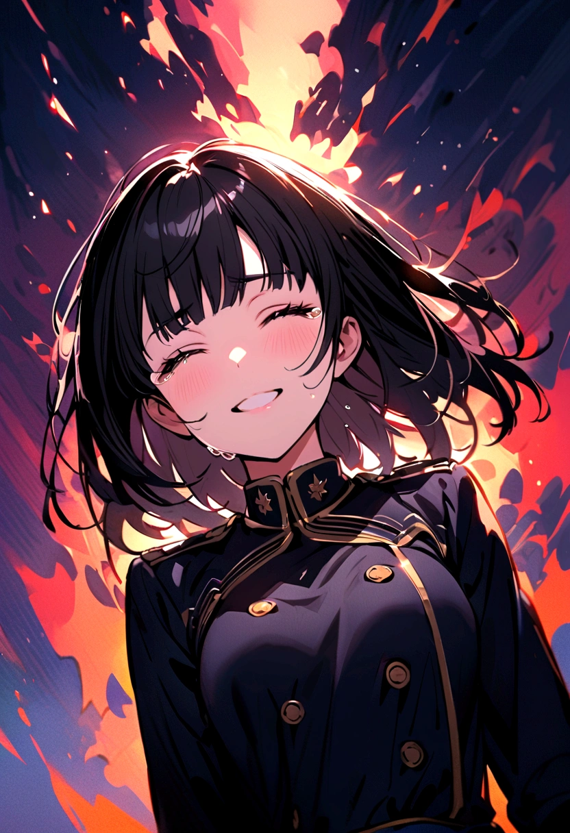 A beautiful black haired girl crying her eyes closed (pointed upwards), smiling sadly,has long eyelashes,has bangs wears a girls uniform