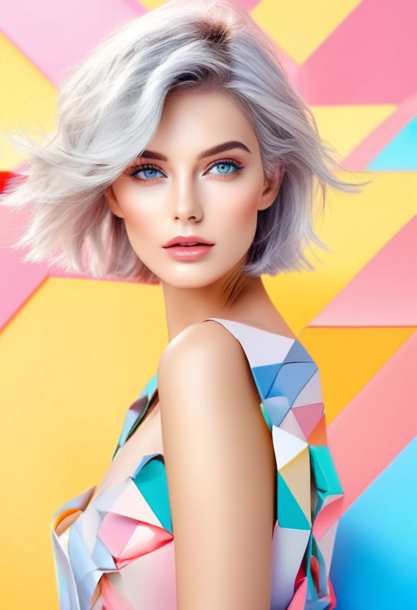 Best image quality, Fashion magazine cover, pastel color theme, Beautiful face and skin, (1 adult female), cleveage, Thin face, short hair, Blown by the wind, Silver Hair, Glossy lip closure))、Shining eyes, Slanted eyes, Model pose, Focus on the whole body,Detailed pattern,Bikini, Necklace, Polygonal background,