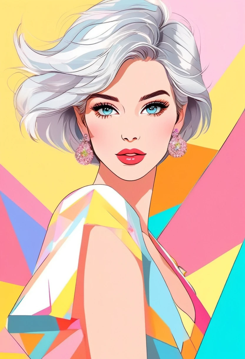 Best image quality, Fashion magazine cover, pastel color theme, Beautiful face and skin, (1 adult female), cleveage, Thin face, short hair, Blown by the wind, Silver Hair, Glossy lip closure))、Shining eyes, Slanted eyes, Model pose, Focus on the whole body,Detailed pattern,Bikini, Necklace, Polygonal background,