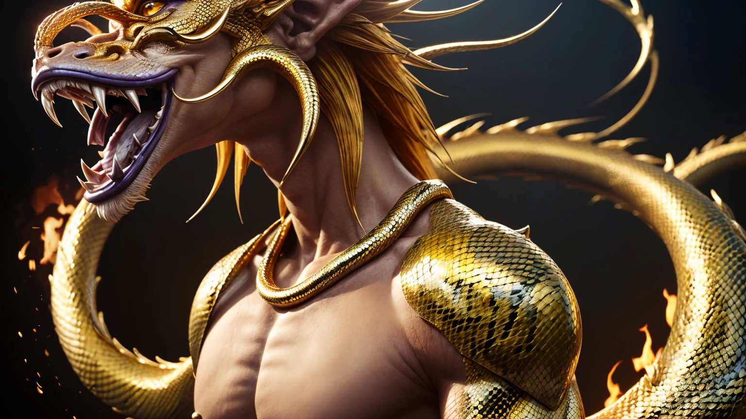 4k Resolution,Wukong, (Monkey King),Hero,(High Detailed face(Purple Face,slim lips ,realistic),(High Detailed eyes(Golden eyeshadow,),Golden Monkey Long Hairs,)He wears Military Royal Metal Full Monkey King Suits, Journey to the West,UHD Ultra details,Magic Power,(Fire Dragon HD background,(Chinese Dragon, Realistic Yellow Skin like Demon Snake,High Detailed eye,High Detailed body made with iron metal,)