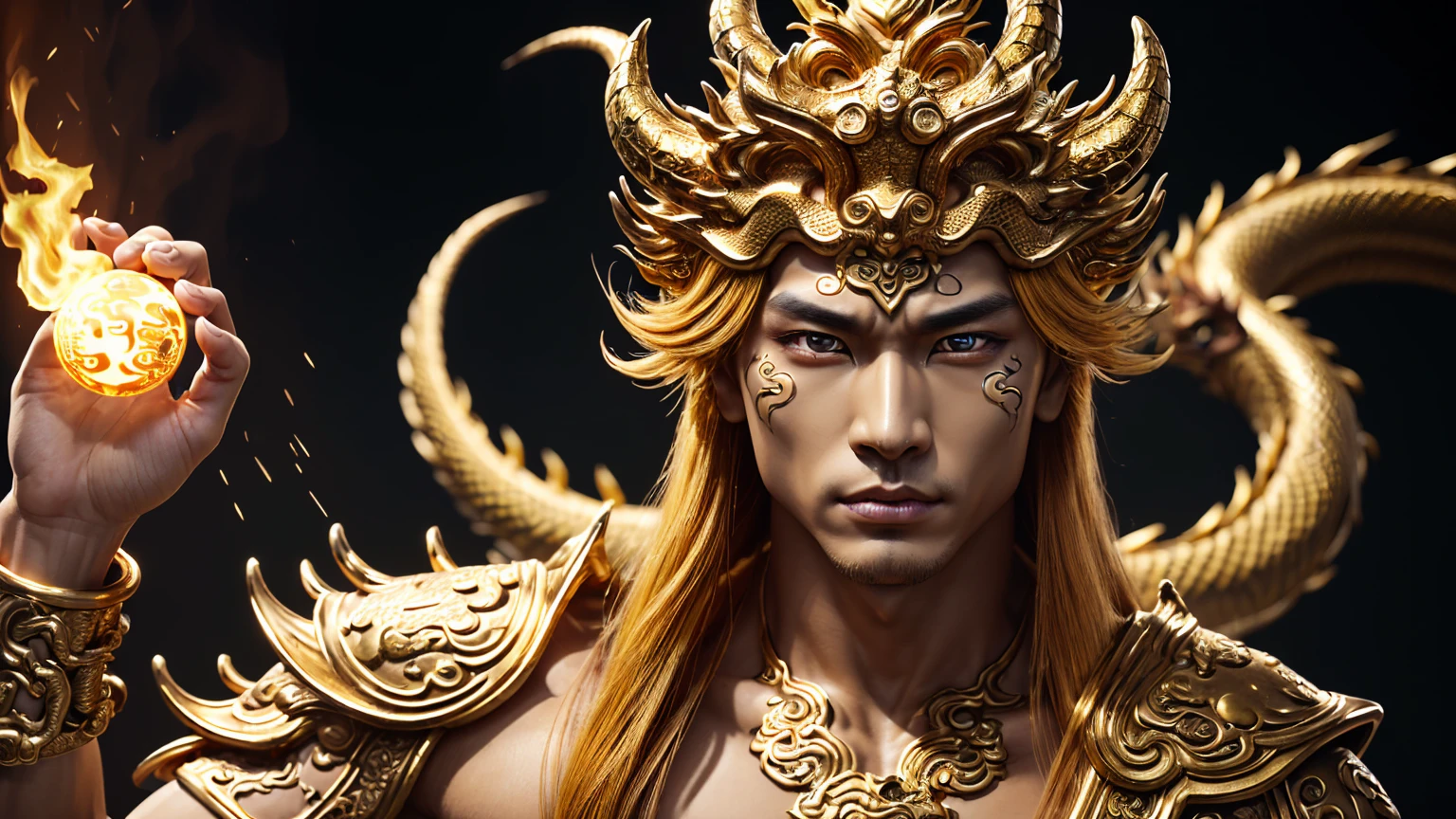 4k Resolution,Wukong, (Monkey King),Hero,(High Detailed face(Purple Face,slim lips ,realistic),(High Detailed eyes(Golden eyeshadow,),Golden Monkey Long Hairs,)He wears Military Royal Metal Full Monkey King Suits, Journey to the West,UHD Ultra details,Magic Power,(Fire Dragon HD background,(Chinese Dragon, Realistic Yellow Skin like Demon Snake,High Detailed eye,High Detailed body made with iron metal,)