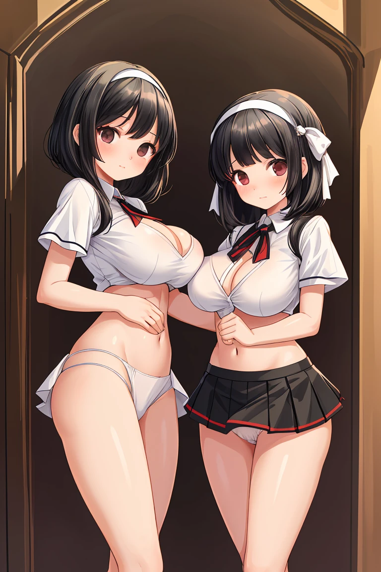 Beautiful sisters　A little height difference　mini skirt　Black Hair　hair band　White panties　Both sisters have beautiful breasts　Both sisters are shy