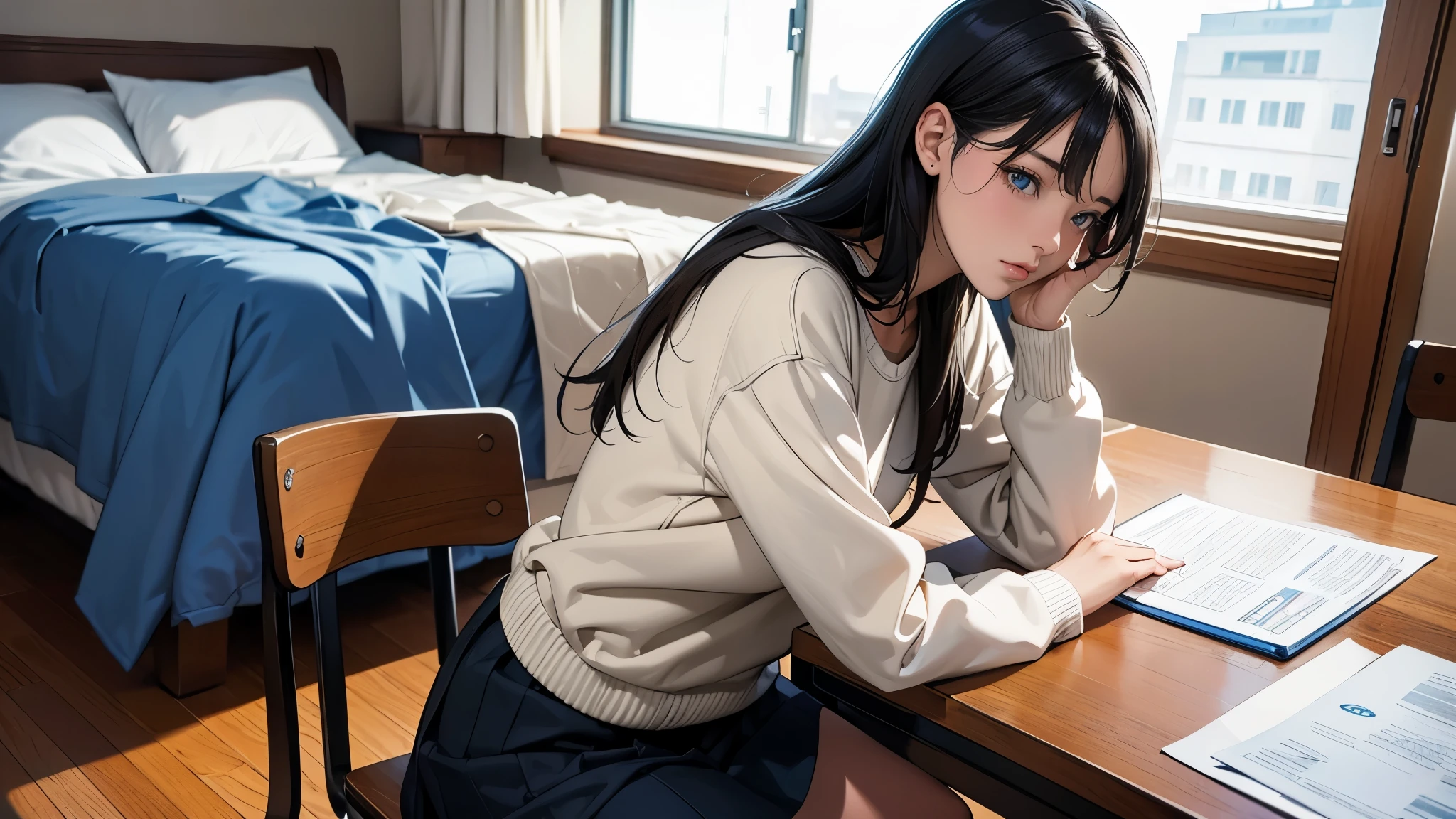 Ultra HD、super high quality、masterpiece、detailed、8K、The place is your room、A high school girl in her room1Person sitting and listening to music on headphones、Studying at a desk、The room is small、15-year-old high school girl、The high school girl is Russian and has long black hair.、Has blue eyes、Has a glamorous figure、The clothes she's wearing are her uniform、Or wearing a uniform、Pretty sexy、Lo-Fi images,The background is blurred、Nostalgic and relaxing atmosphere、The decorations are retro.、Late Night、The light is a desk lamp