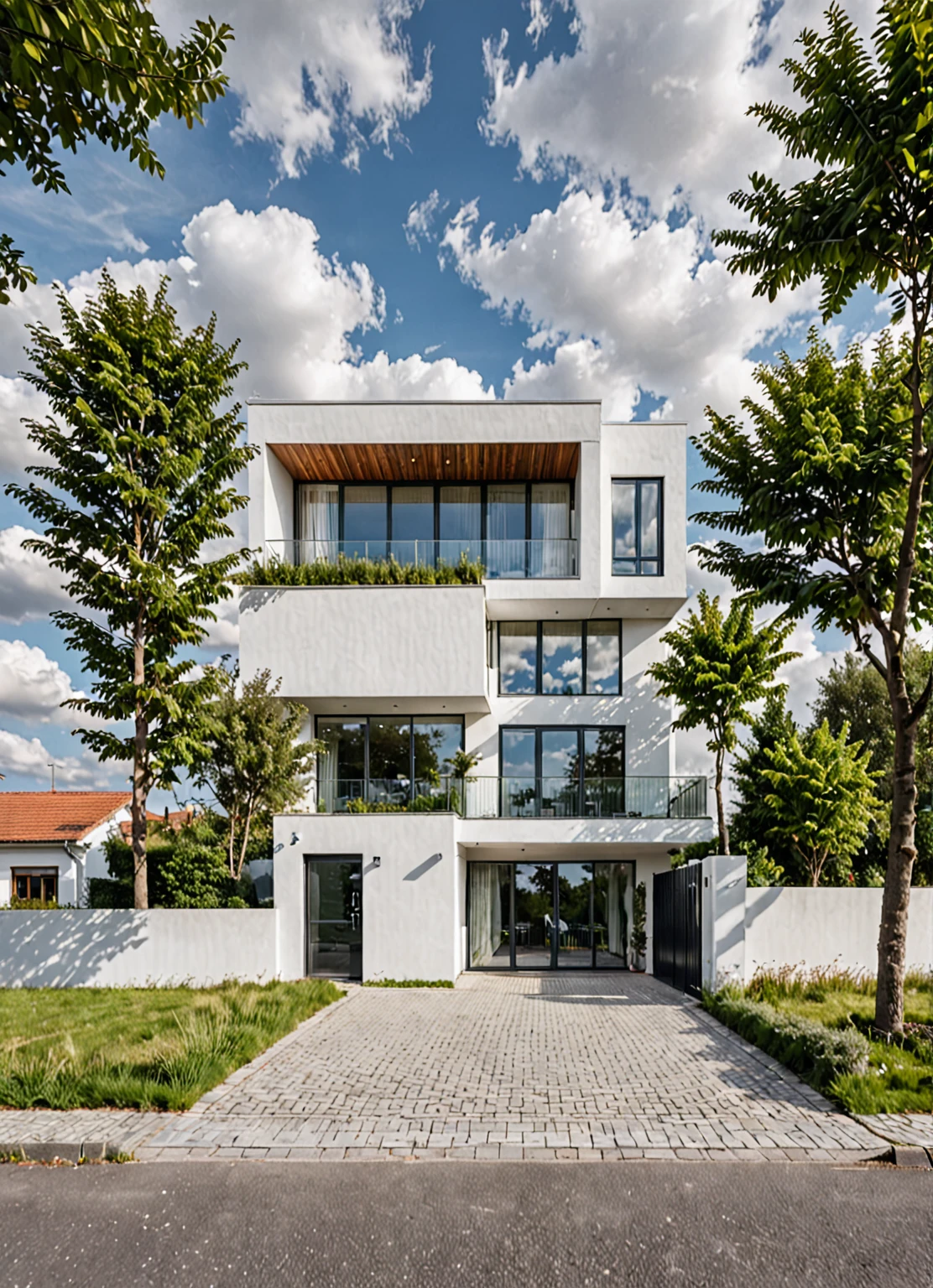 Raw photo,Masterpiece, high quality, best quality, authentic, super detail,
outdoors, house style modern,bietthuhn, white wall, glass windows, gate
road,pavement, grass, trees, sky, cloud, (day:1.1),