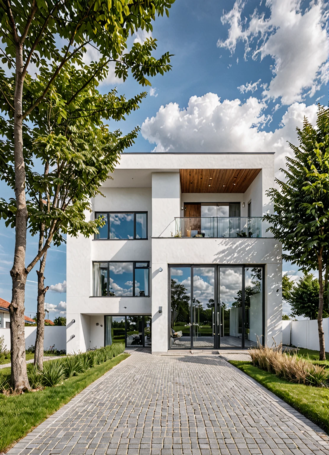 Raw photo,Masterpiece, high quality, best quality, authentic, super detail,
outdoors, house style modern,bietthuhn, white wall, glass windows, gate
road,pavement, grass, trees, sky, cloud, (day:1.1),