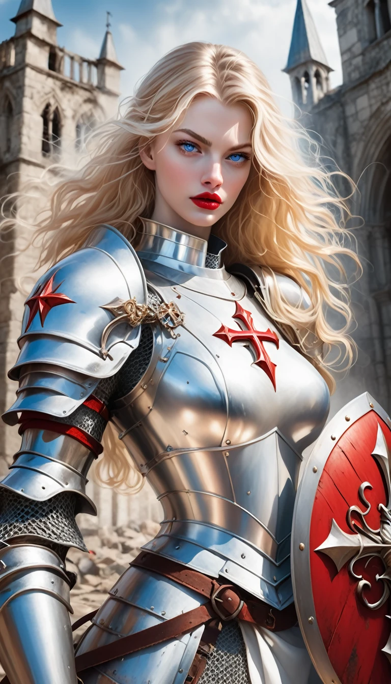 a beautiful white European woman with blonde hair, blue eyes, charming red lips, wearing white medieval European steel armor with a hint of red, carrying the sword Excalibur and a shield bearing the cross.,is fighting fiercely against the devil with a background of collapsed ancient buildings dominated by white with messy buildings