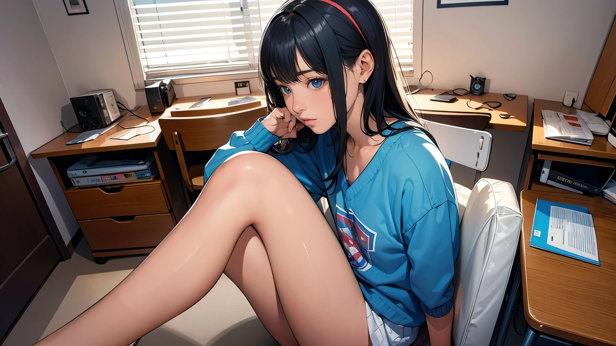 Ultra HD、super high quality、masterpiece、detailed、8K、The place is your room、A high school girl in her room1Person sitting and listening to music on headphones、Studying at a desk、The room is small、15-year-old high school girl、The high school girl is Russian and has long black hair.、Has blue eyes、Has a glamorous figure、The clothes she's wearing are her uniform、Or wearing a uniform、Pretty sexy、Lo-Fi images,The background is blurred、Nostalgic and relaxing atmosphere、The decorations are retro.、Late Night、The light is a desk lamp