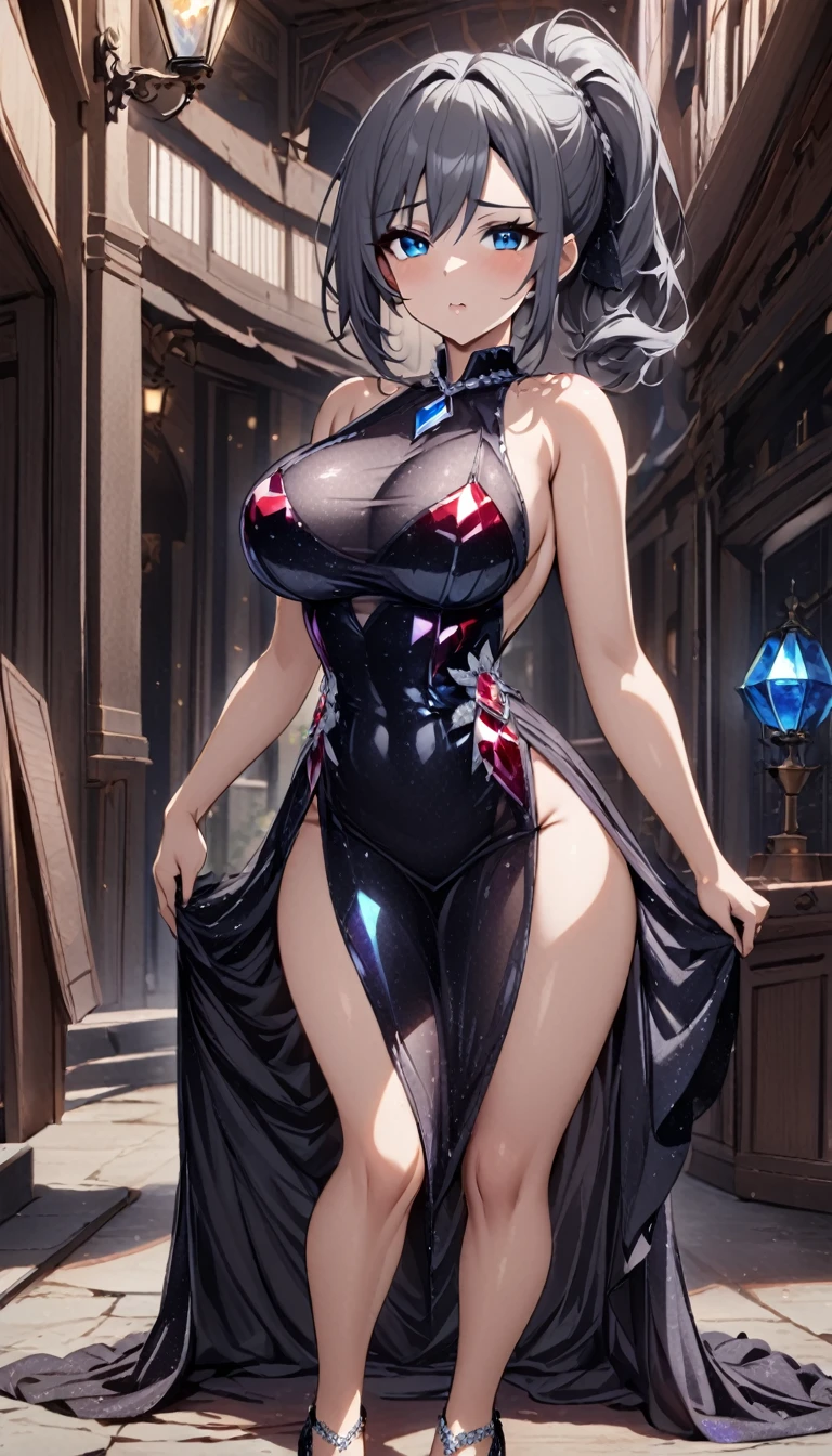 1girl,(gray black hair),spread short ponytail,blue eyes,large breasts,topaz crystalline dress