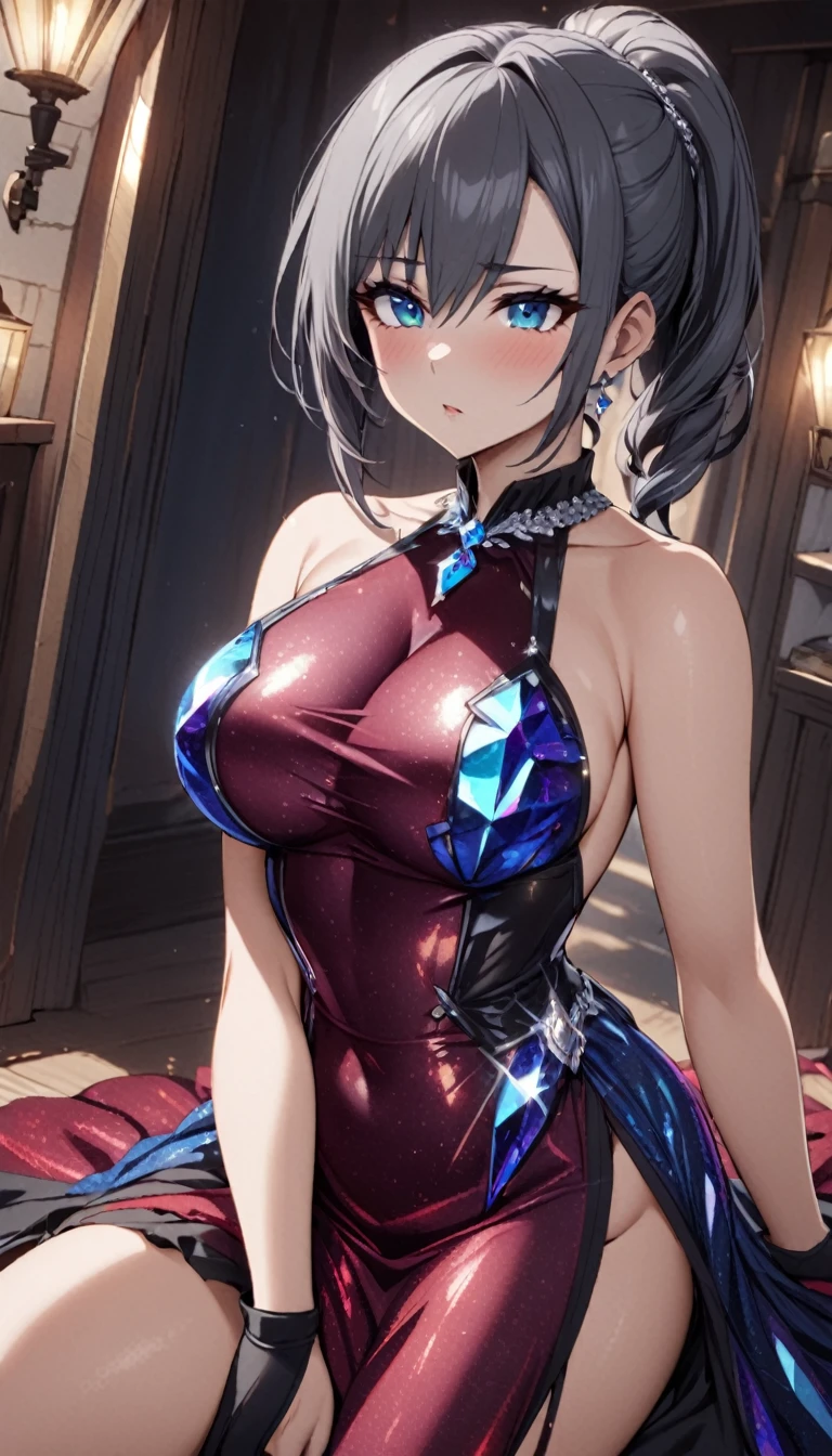 1girl,(gray black hair),spread short ponytail,blue eyes,large breasts,topaz crystalline dress