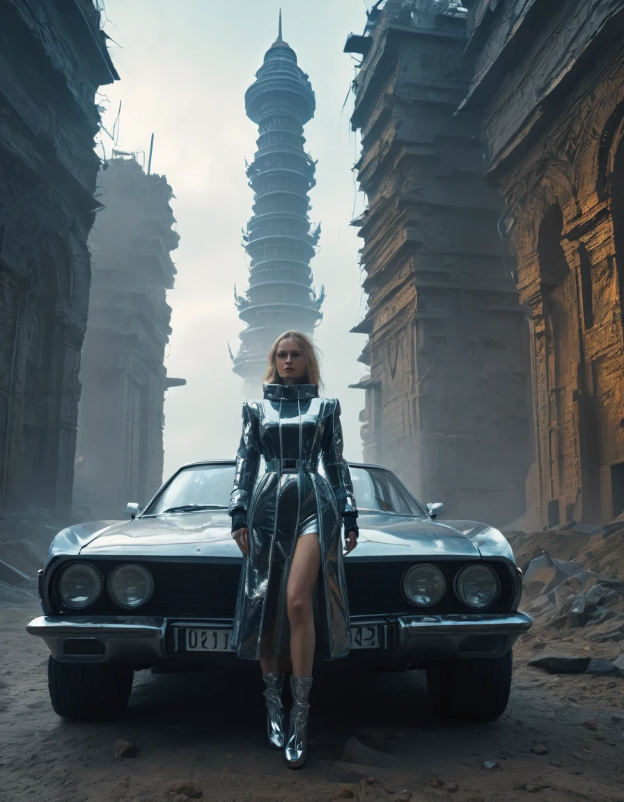 an old car in tarkovsky greatest scene,  Destroy the majestic Tower of Babylon, Woman in futuristic cyber costume, Transparent down jacket, Surrealism, Blockchain, Internet, Ambient Lighting, Concept Art, complex, Ultra Detailed, tarkovsky greatest scene, Smooth, Dynamic volumetric lighting, octane, Ray Tracing, Movie, high quality, high resolution, 4K, CG Society