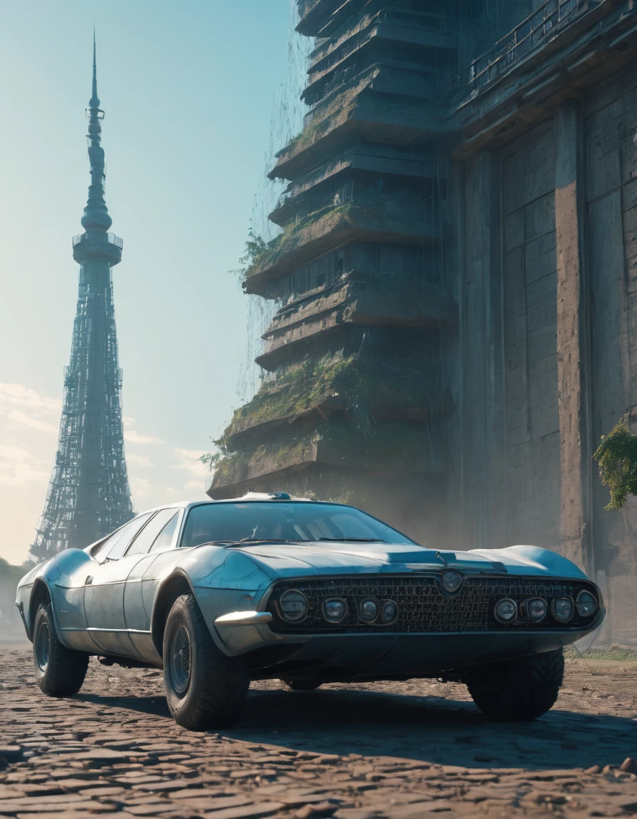 an old car in tarkovsky greatest scene, Destroy the majestic Tower of Babylon, Woman in futuristic cyber costume, Transparent down jacket, Surrealism, Blockchain, Internet, Ambient Lighting, Concept Art, complex, Ultra Detailed, tarkovsky greatest scene, Smooth, Dynamic volumetric lighting, octane, Ray Tracing, Movie, high quality, high resolution, 4K, CG Society