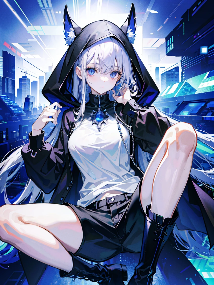 (Fine and beautiful eyes)、long hair,Long, blue-gray hair,Two moleole under the eye,Beautiful purple eyes,Detailed eyes,Detailed face,Large breasts,Black Hoodie、Thin legs,Long black boots、High resolution eyes、Jewel-like eyes、Straight Hair、Minimally revealing clothing、Short, oversized black shorts、Shorts that cover the thighs,Extreme Detail、High resolution、Shining Eyes,Slit eyes