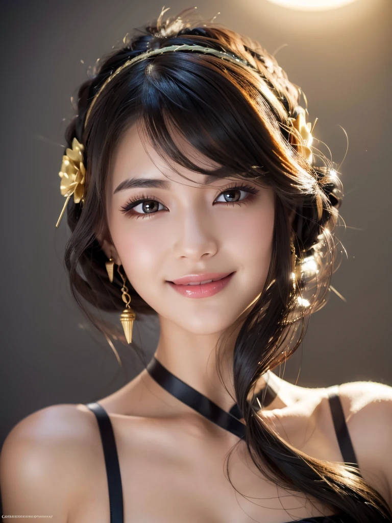beautiful woman, narrow waist, perfect figure, beautiful eyes, long eyelashes, lustrous lips, perfect body, beautiful skin, (best quality,4K,8K,highres,masterpiece:1.2),ultra-detailed,(realistic,photorealistic,photo-realistic:1.37), cinematic scene, beautiful smile, fashion model, long chestnut hair, attractive clothing, beautiful ornaments、nice black dress、A kind smile、Engage your audience、Full moon night sky