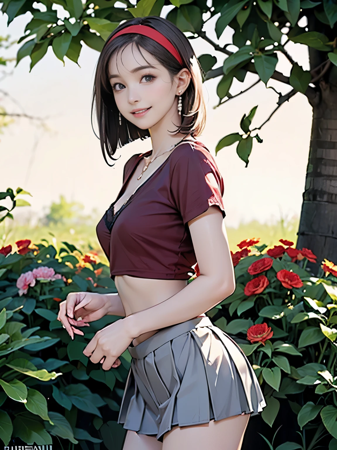 ((((Highest quality))))、(((Ultra-precision CG16K wallpaper)))、(((masterpiece)))、(((Super detailed)))、(((Extreme detail)))、((1Mature 29 year old woman:1.6))、((Very beautiful Japan face of a person))、((Urizane Face:1.8))、((Short bob straight hair:1.6))、((Shiny Hair))、A delicately drawn beautiful face、Dark Eyes、double eyelid、High nose、Small nostrils、Small Mouth、Seductive lips、Beautiful breasts、((C cup size breasts))、Cleavage、Small belly button、Beautiful feet、Thin thighs、eight-headed body、Perfect proportions、Perfect Anatomy、Perfect composition、Beautiful detailed shading、Beautiful, natural lighting、Beautiful detail glow、Depth of written boundary、(((High chroma)))、(((Real:1.9)))、((vivid:1.5))、((Beautiful Skin))、((Skin Texture))、((Realな皮膚感))、(((Cowboy Shot:1.6)))、(((front view、shoot from front、front low angle:1.6)))、(((smile:1.6)))、((looking at viewer:1.6))、Bright daylight、Natural light、(((Flower Garden、Woodland:1.5)))、(Gravure idol standing pose:1.6)、(((A dull red skinny t-shirt&Low-rise pleated mini skirt:1.6)))、((hair band、necklace、Wearing earrings:1.5))、((Lace Stockings Clothed:1.3))、
