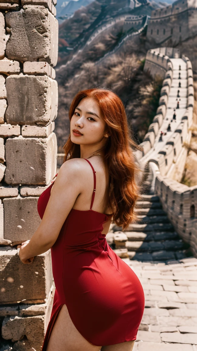(masterpiece, high resolution, photo-realistic:1.4), (capturing a stunning woman with long red hair, huge breasts, sexy butt, beautiful face, angel face, pale skin, sexy looks, sexy tight dress, wearing a form-fitting red dress that accentuates her attractive physique:1.3), (the elegant dress hugging her curves and showcasing her alluring figure:1.2), (her confident and poised demeanor as she strolls near the iconic Great wall in China :1.3), (Canon EOS R5 mirrorless camera:1.2), (paired with a Canon RF 85mm f/1.2L USM lens:1.2), (capturing every detail of her captivating presence and the beautiful surroundings:1.2), (the great wall of china in the background, a symbol of ancient history and grandeur:1.2), (the vibrant red of her dress contrasting with the ancient stone architecture:1.2), (a warm and sunny day, with soft sunlight enhancing the scene:1.1), (a delightful photo of a woman exuding elegance and allure, exploring the historic beauty of Rome:1.2).
