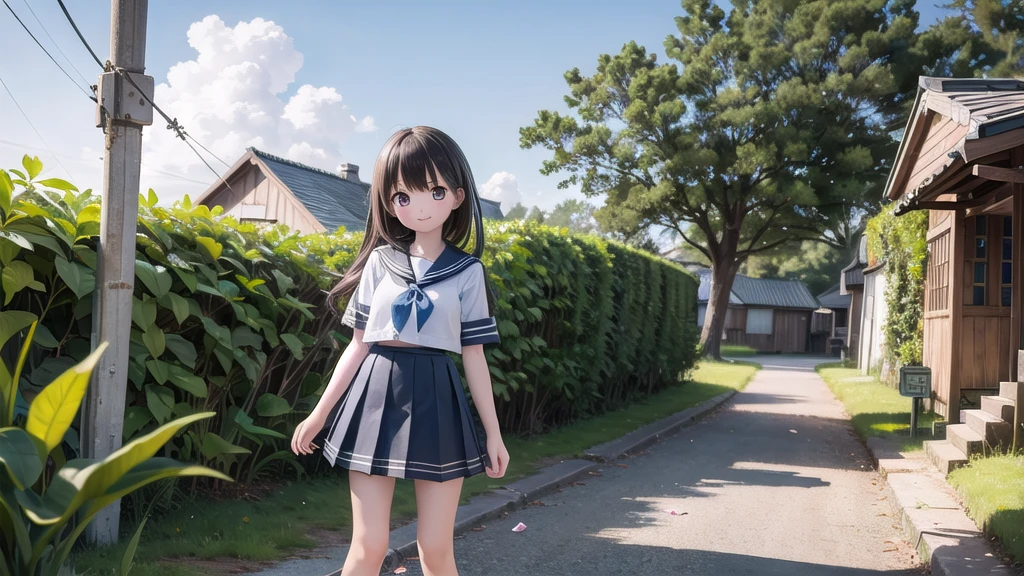 (masterpiece), town, blue sky, One Girl, smile, alone, Sailor suit、(Length below the knee)skirt, Overgrown, petal, plant、skirt裏地、Translucent slip、Nostalgic