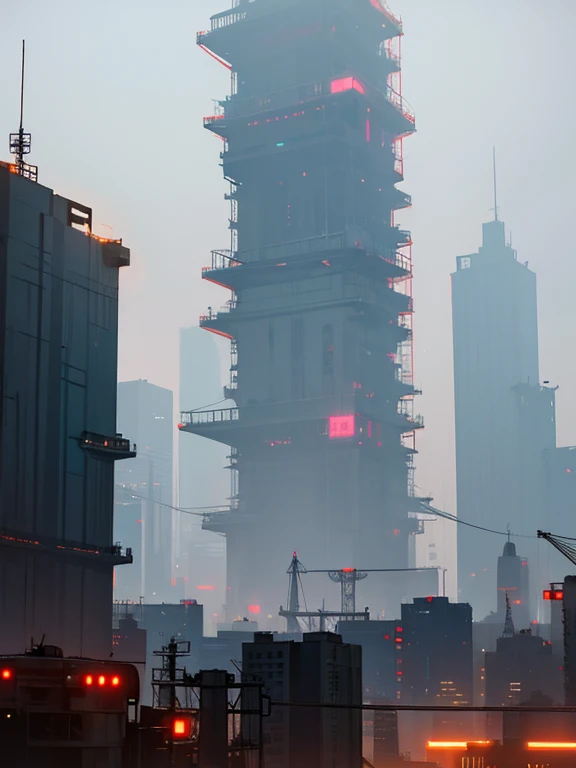 Amber colored polluted sky. A large cyberpunk arcology in the background dominates the city landscape. Strange shaped buildings and towers. Chaotic construction. Pipes and wires everywhere. Similar to Kwonloon walled city. The city is an industrial polluted future city highlighted by neon lights and large digital signs. Dark, dreary mood. Skyscrapers are dwarfed by the arcology. Drones and rotary vehicles dot the sky. The population is a mix of humans, androids and hybrids.