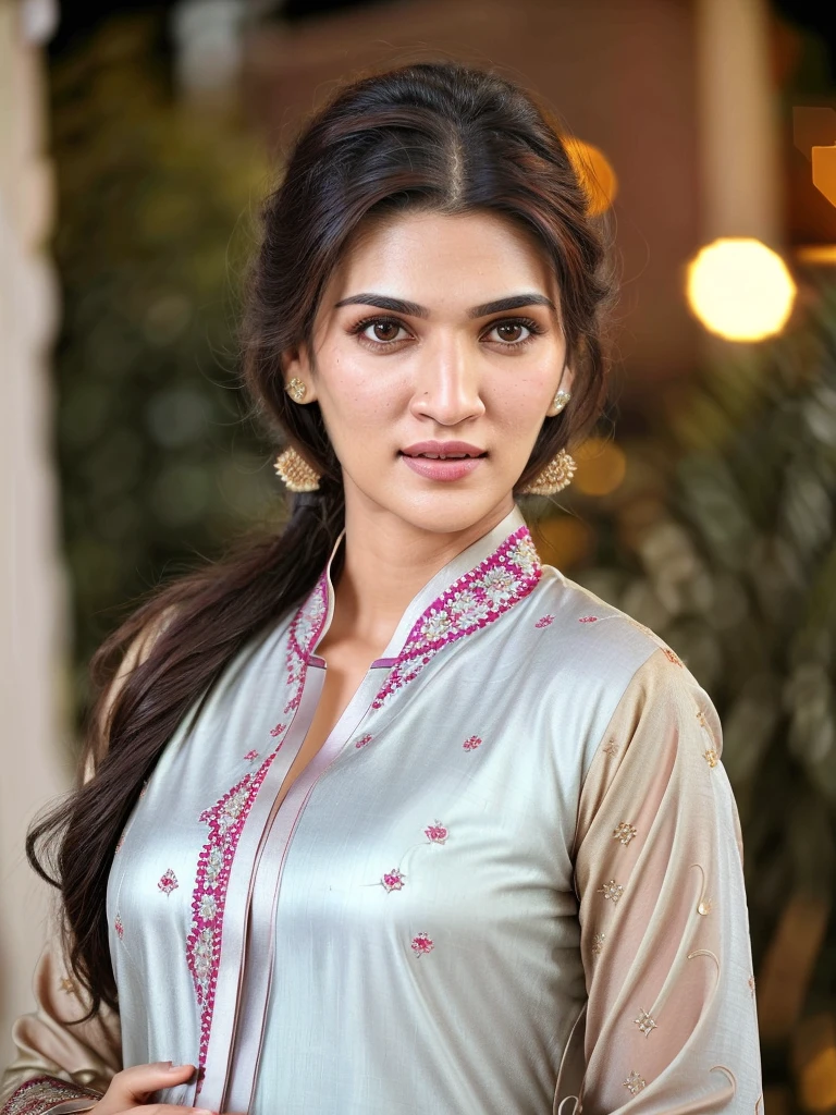 ultrarealistic hires close up photo of a 30-year-old krsa woman, outdoors, realistic skin texture, looking looking at camera, high collar (salwar_kameez_dupatta:1.2), loose hair, night time, beautiful bokeh background in crop top