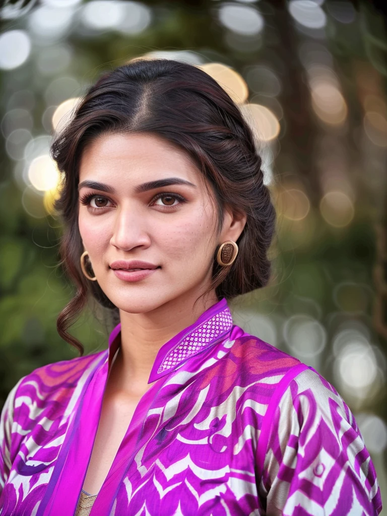 ultrarealistic hires close up photo of a 30-year-old krsa woman, outdoors, realistic skin texture, looking looking at camera, high collar (salwar_kameez_dupatta:1.2), loose hair, night time, beautiful bokeh background in crop top