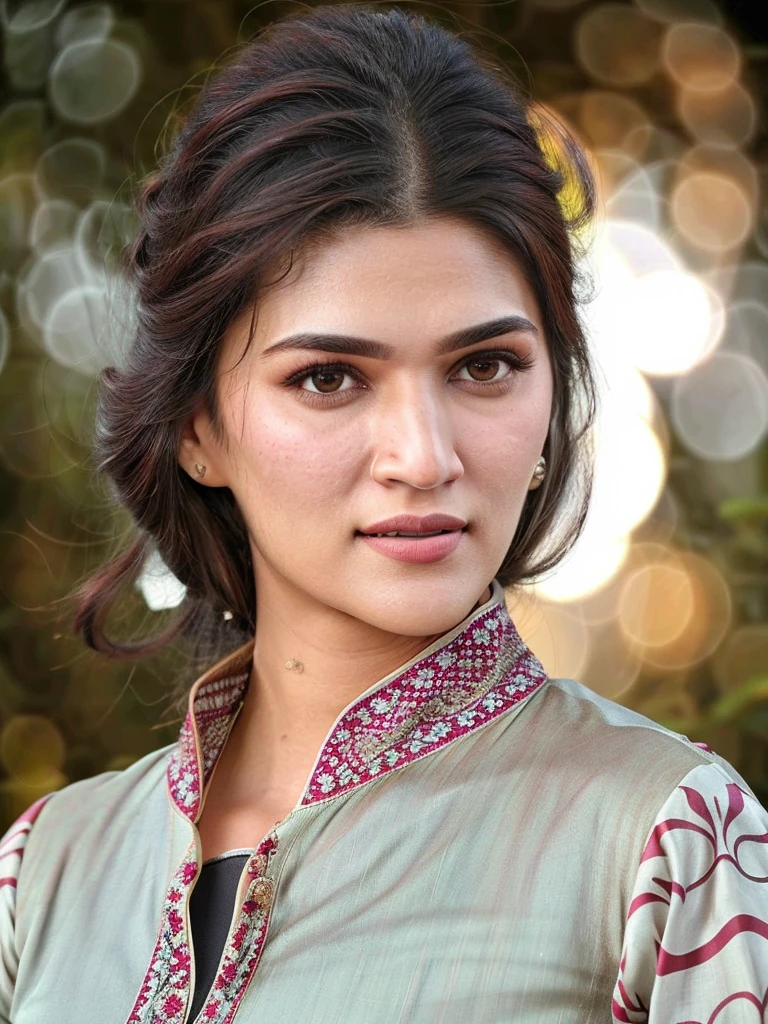 ultrarealistic hires close up photo of a 30-year-old krsa woman, outdoors, realistic skin texture, looking looking at camera, high collar (salwar_kameez_dupatta:1.2), loose hair, night time, beautiful bokeh background in crop top