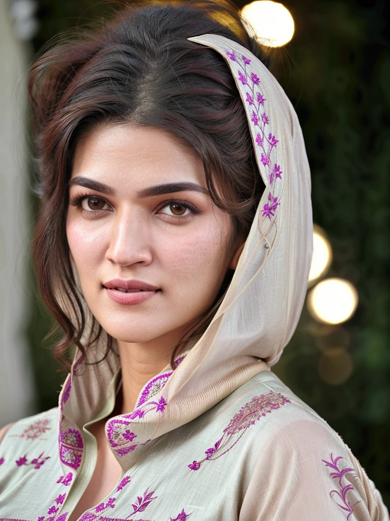 ultrarealistic hires close up photo of a 30-year-old krsa woman, outdoors, realistic skin texture, looking looking at camera, high collar (salwar_kameez_dupatta:1.2), loose hair, night time, beautiful bokeh background in crop top