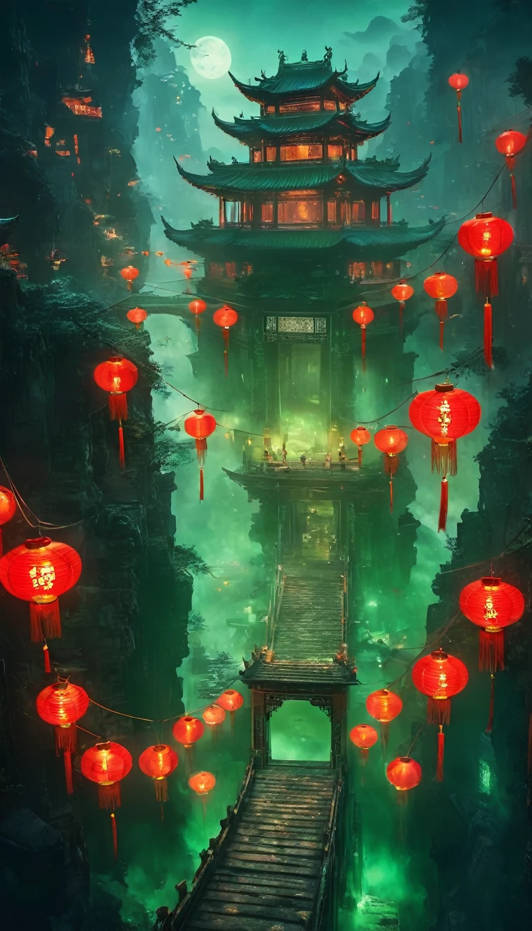 Unforgettable Chinese Ghost Stories, Weird Chinese architecture, Qixi Festival, Green Ghost Soup, Munpo Bridge, Noodle Soup, Escort Ghost, Chain, Dark gloomy lights, Movie, fear, atmosphere, Surreal, mystery, detailed