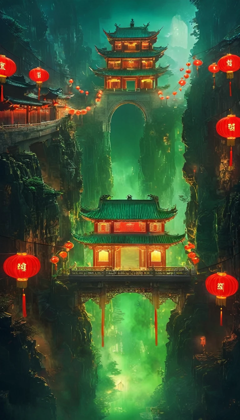 Unforgettable Chinese Ghost Stories, Weird Chinese architecture, Qixi Festival, Green Ghost Soup, Munpo Bridge, Noodle Soup, Escort Ghost, Chain, Dark gloomy lights, Movie, fear, atmosphere, Surreal, mystery, detailed