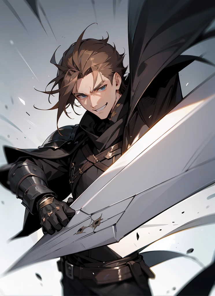1 , handsome fashion hair,bronze hair highlightwhite, fanstasy, smile face, male ,fantasy, reaper, hunter with blackshortsword, villian face, black armor , darkness wolrd, bad
