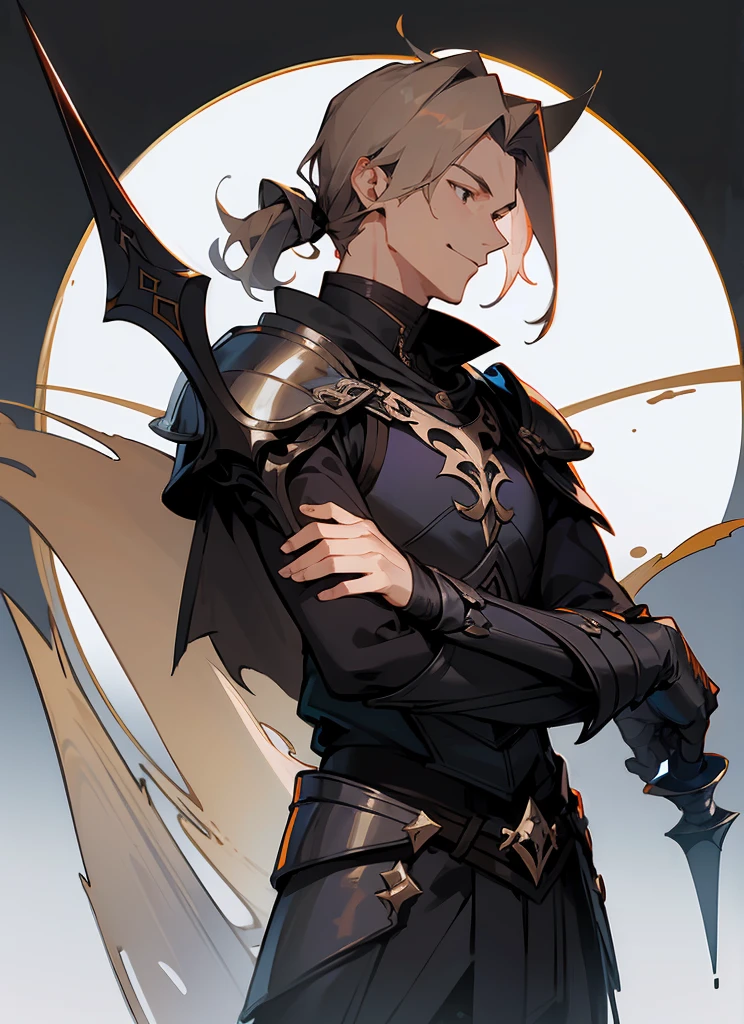 1 , handsome fashion hair,bronze hair highlightwhite, fanstasy, smile face, male ,fantasy, reaper, hunter with blackshortsword, villian face, black armor , darkness wolrd, bad