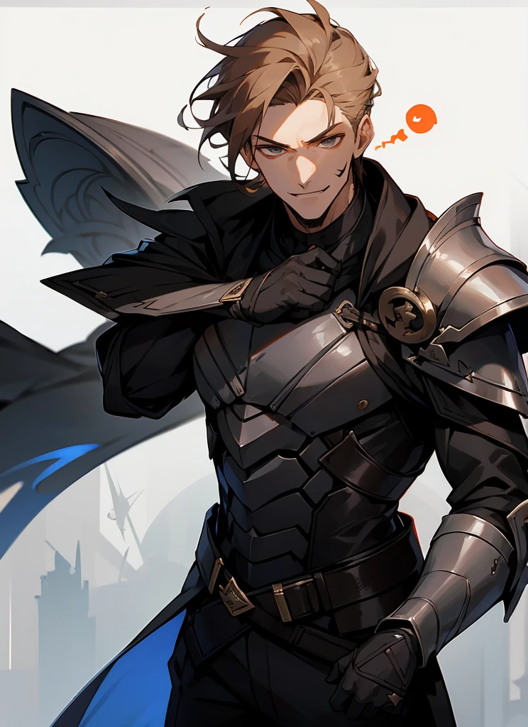 1 , handsome fashion hair,bronze hair highlightwhite, fanstasy, smile face, male ,fantasy, reaper, hunter with blackshortsword, villian face, black armor , darkness wolrd, bad