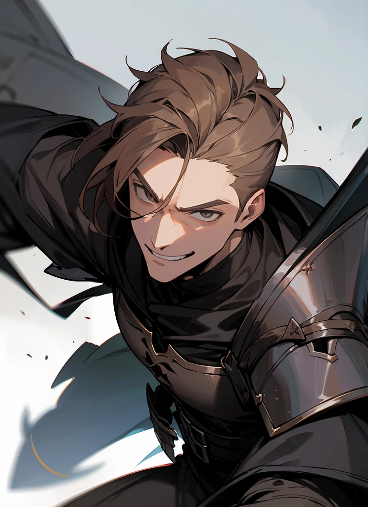 1 , handsome fashion hair,bronze hair highlightwhite, fanstasy, smile face, male ,fantasy, reaper, hunter with blackshortsword, villian face, black armor , darkness wolrd, bad