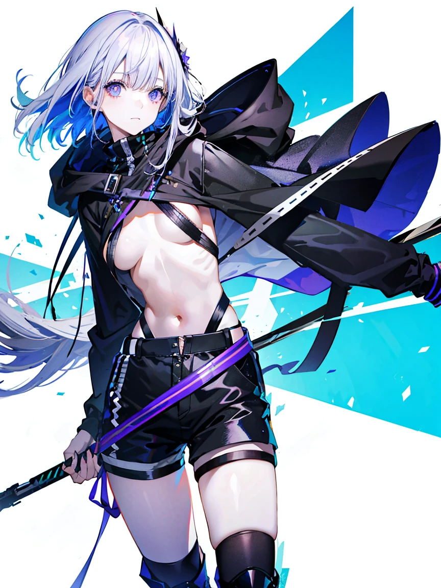 (Fine and beautiful eyes)、long hair,Long, blue-gray hair,Two moles,Mole under the eye,Beautiful purple eyes,Detailed eyes,Detailed face,Large breasts,Black Hoodie、Thin legs,Long black boots、High resolution eyes、Jewel-like eyes、Straight Hair、Minimally revealing clothing、Short, oversized black shorts、Shorts that cover the thighs,Extreme Detail、High resolution、Shining Eyes