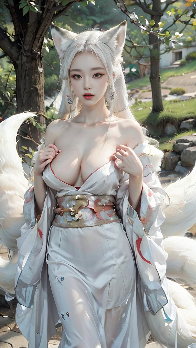 one nine-tailed fox girl wearing a kimono with her chest almost exposed, skin white,pale skin, white kimono, very long white hair, fox ears, nine fox tails, chest almost visible, very large chest, very big chest ,And big tits 