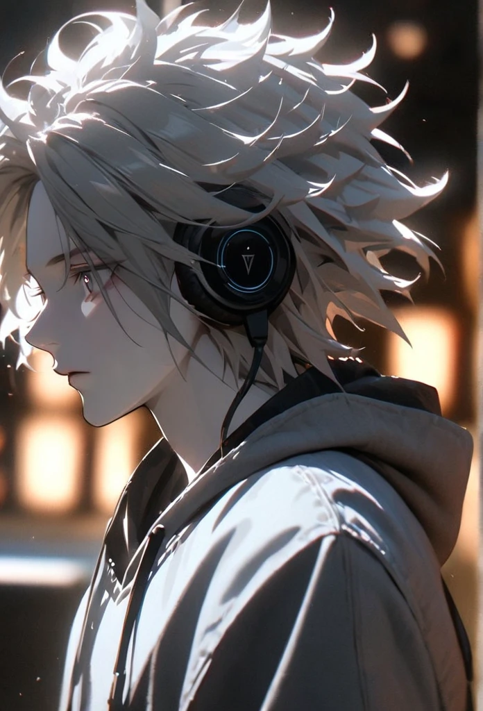 (solo), grey hair, messy hair, mane hair, short hair, dense hair, wild hair, expressive hair,(25 year old), pale skin, ((male)), grey eyes, handsome guy, wearing a grey hoodie, black headphones, beautiful, attractive, eye reflection, depth of field, thunder aura, cinematic lighting, ray tracing, depth of field, cinematic lighting, ray tracing, UHD, high details, best quality, highres, high quality, award winning, super detail, masterpiece, 8k, UHD, high details, best quality, highres, high quality, award winning, super detail, masterpiece, 8k, digital art, anime coloring, body shot, good face, perfect face, detailed face, good eyes. The background is space. A blackhole in the background. Side profile.