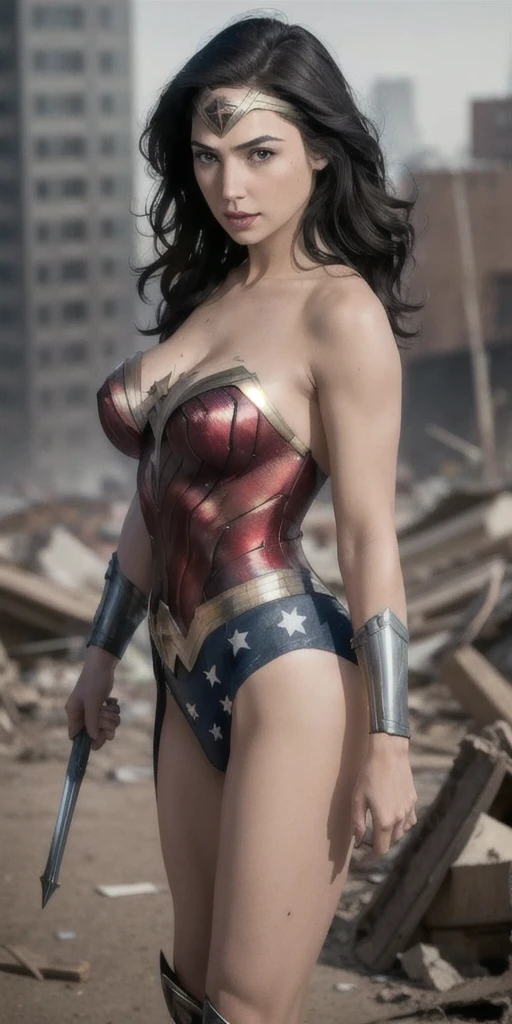 GAL GADOT, CLEAVAGE, BEAUTIFUL FACE, FACING FRONT, (LARGE BREASTS), SEXY THIGHS, THICK THIGHS, PUSSY MOUND, THICK PUSSY MOUND, 8k, best quality, real picture, intricate details, ultra-detailed, ultra highres, depth field,(photorealistic,realistic:1.2), masterpiece, photo of 1girl, wonder woman, american, armor, leotard, cleavage, superhero, standing, powerful, realistic, blue eyes, black hair, lips, makeup, long hair, makeup, solo, destruction, ((ruined city background)), RUBBLE, best quality, realistic, photorealistic, (intricate details:1.2), (delicate detailed), (cinematic light), clear line, sharp focus, realistic face, detailed face, ((facing front)), full body, full view, sexy thighs, THICK THIGHS, large breasts, cleavage,