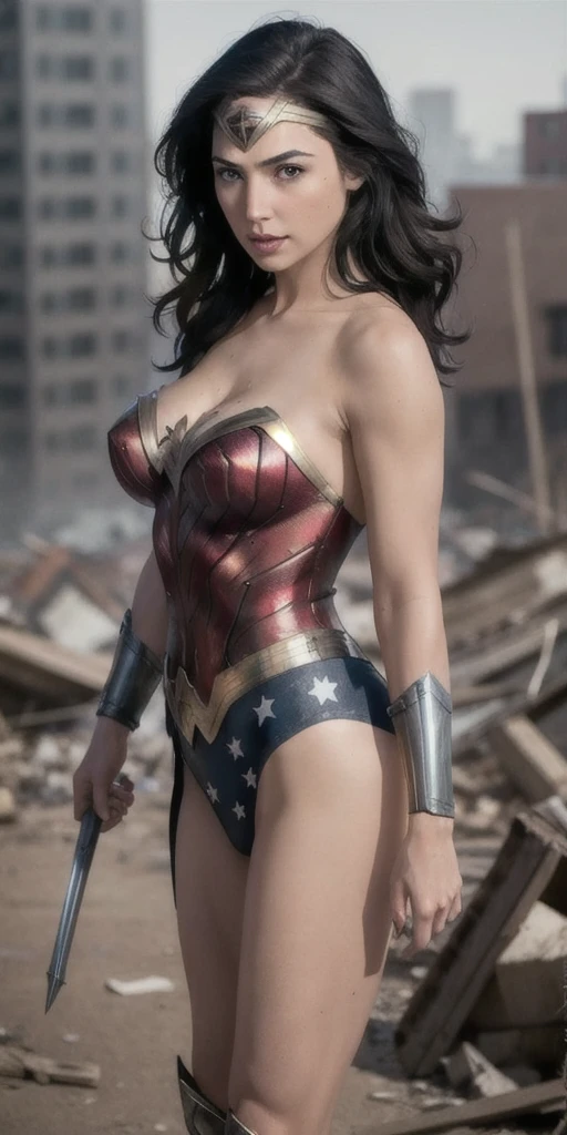 GAL GADOT, CLEAVAGE, BEAUTIFUL FACE, FACING FRONT, (LARGE BREASTS), SEXY THIGHS, THICK THIGHS, PUSSY MOUND, THICK PUSSY MOUND, 8k, best quality, real picture, intricate details, ultra-detailed, ultra highres, depth field,(photorealistic,realistic:1.2), masterpiece, photo of 1girl, wonder woman, american, armor, leotard, cleavage, superhero, standing, powerful, realistic, blue eyes, black hair, lips, makeup, long hair, makeup, solo, destruction, ((ruined city background)), RUBBLE, best quality, realistic, photorealistic, (intricate details:1.2), (delicate detailed), (cinematic light), clear line, sharp focus, realistic face, detailed face, ((facing front)), full body, full view, sexy thighs, THICK THIGHS, large breasts, cleavage,