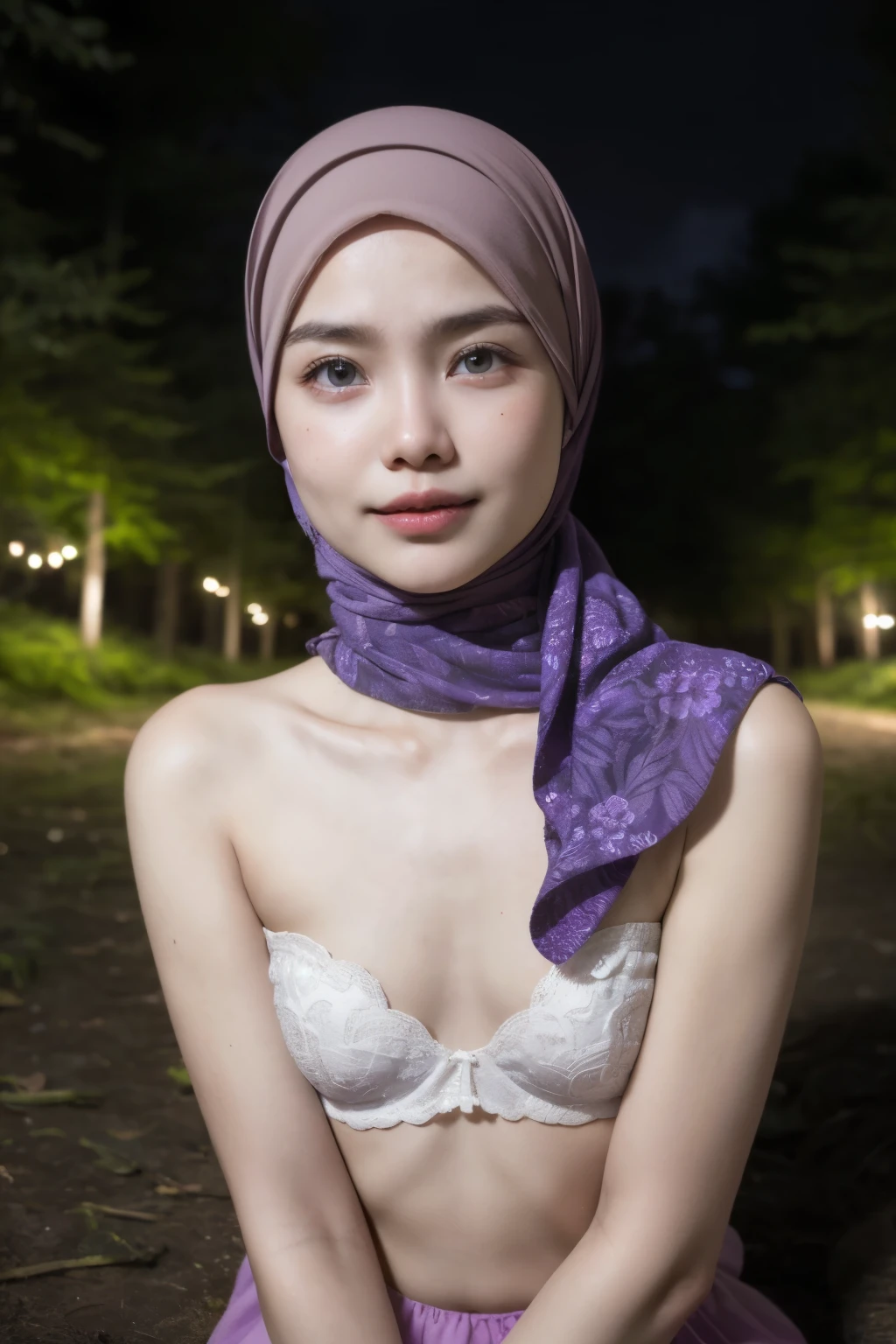 SITTING IN A DEEP MINE, (((STYLISH LONG HIJAB MALAY GIRL))), ((FLAT CHEST:1.6)), (Happy smile), (((STYLISH LONG HIJAB MALAY GIRL))), masutepiece, High quality, UHD 32K, Realistic face, Realistic skin feeling , A Japanese Lady, 58 years old matured lady, , Very cute and baby-like face, (((FLAT CHEST))), (Night time at forest), ((look In front at the camera and SADNESS)), (((WHITE FLUORESCENT))), (((CUTE GIRL))), ((PURPLE LIPS)), ((Floral Pattern)) little wearing strapless bra, strapless colorful bra, dark night background , black forest night, horror scary place, (from behind up) seductive pose
