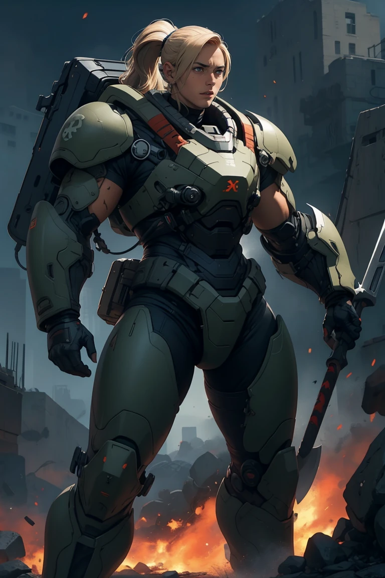 1 female, blonde ponytail, scar at face, psychopath smile, slim figure, wearing hi tech battle armor, heavy hi tech backpack,holding extremely massive battle axe and pose, fullbody shot, at the battle place, explosion, cinematic lighting, realistic, photorealistic, film grain, dynamic action pose, dramatic, gritty, dark, moody, volumetric lighting, cinematic angles