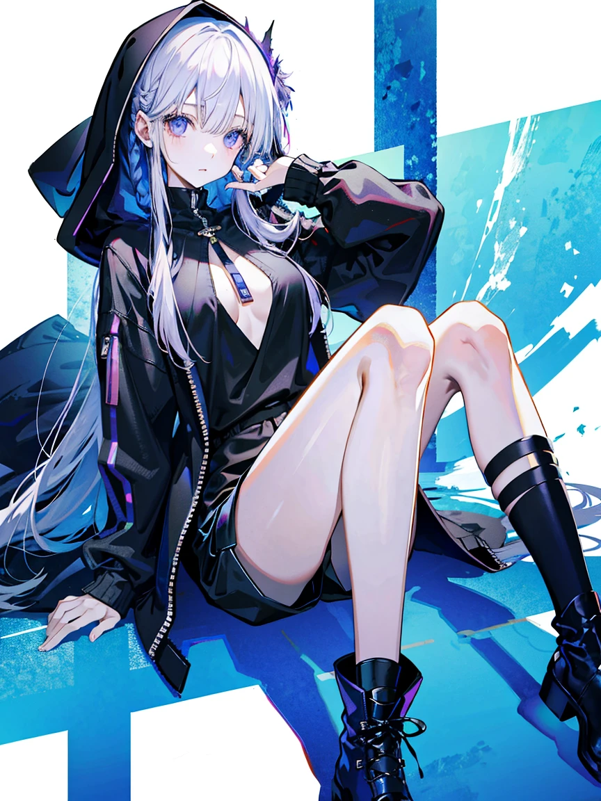 (Fine and beautiful eyes)、long hair,Long, blue-gray hair,Two moles,Mole under the eye,Beautiful purple eyes,Detailed eyes,Detailed face,Large breasts,Black Hoodie、Thin legs,Long black boots、High resolution eyes、Jewel-like eyes、Straight Hair、Minimally revealing clothing、Short, oversized black shorts、Shorts that cover the knees,Extreme Detail、High resolution、Shining Eyes