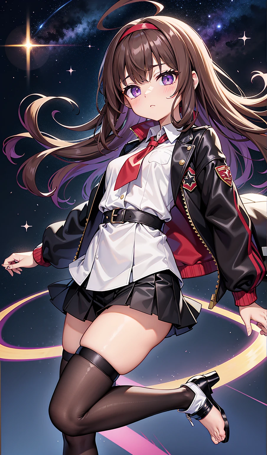 Brown Eyed Woman、21 years old（Medium Hair、Dark Brown Hair、Wavy Hair、Red Hairband）、Ahoge、（（White blouse with black stars、Best、Jacket、開いたJacket、星が付いた赤いJacket））、（（Black Mini Skirt、barefoot））、（（Black thigh-high socks、High heels））、Surrounding purple star energy、Cosmic Power、The shining force of the universe。Purple eyes、Beautifully detailed eyes、Beautifully detailed faces、Cute face、Perfect hands、Full Finger、Perfect Anatomy、Perfect proportions。（Casting a spell）。whole body衣装デザイン、whole body、Cowboy Shot。Be dynamic