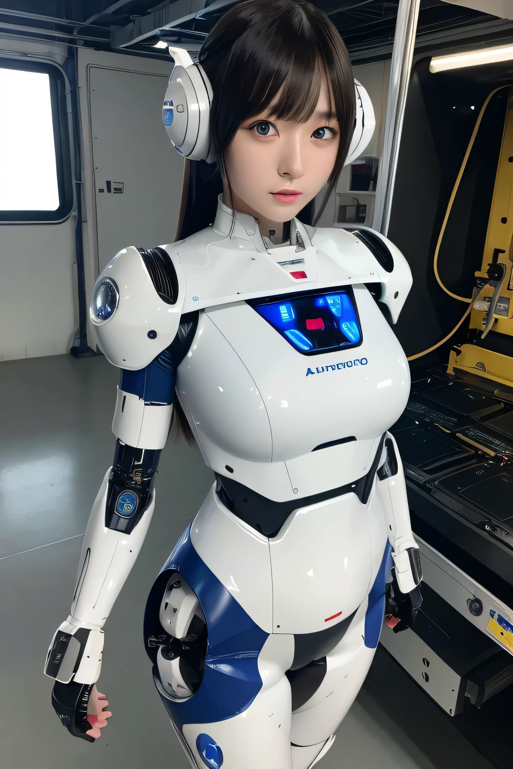 masterpiece, best quality, extremely detailed, Japanese android girl,Plump ,control panels,robot arms,robot,android,cyborg,white robot body,blunt bangs,robot repair plant,skinny pants,boots,blue eyes