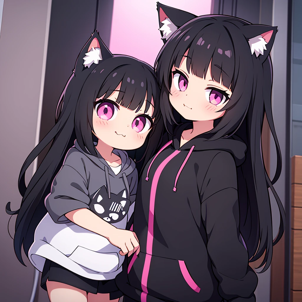 cute cat girl, cat ears, black hair, pink eyes, smug, black hoodie, only head in frame, straight bangs, medium length hair, 1 girl