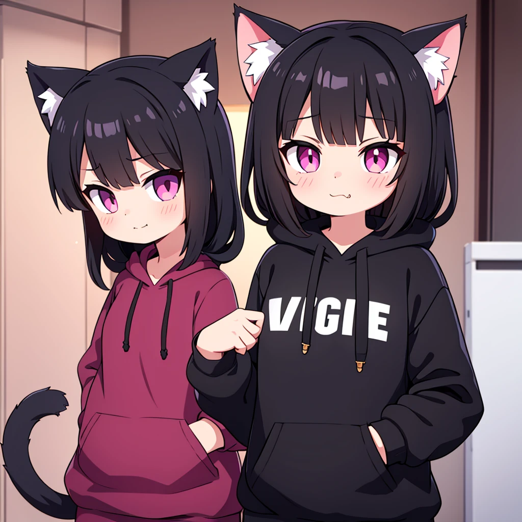 cute cat girl, cat ears, black hair, pink eyes, smug, black hoodie, only head in frame, straight bangs, medium length hair, 1 girl